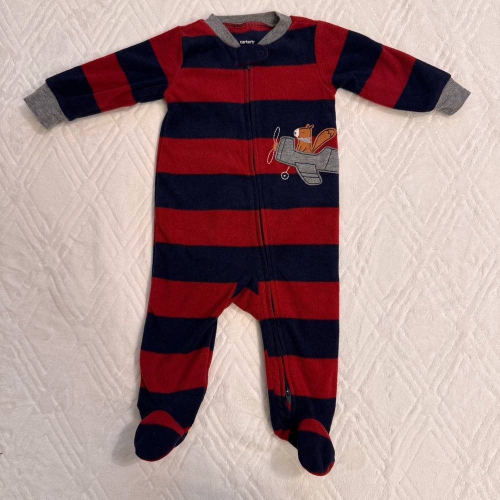 3 for $15 Carter's Navy and Red Striped Fleece Footie 6M